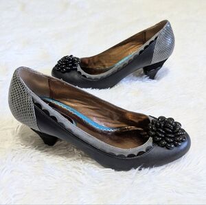 Poetic License Grey & Black Leather Countryside Flower Heels